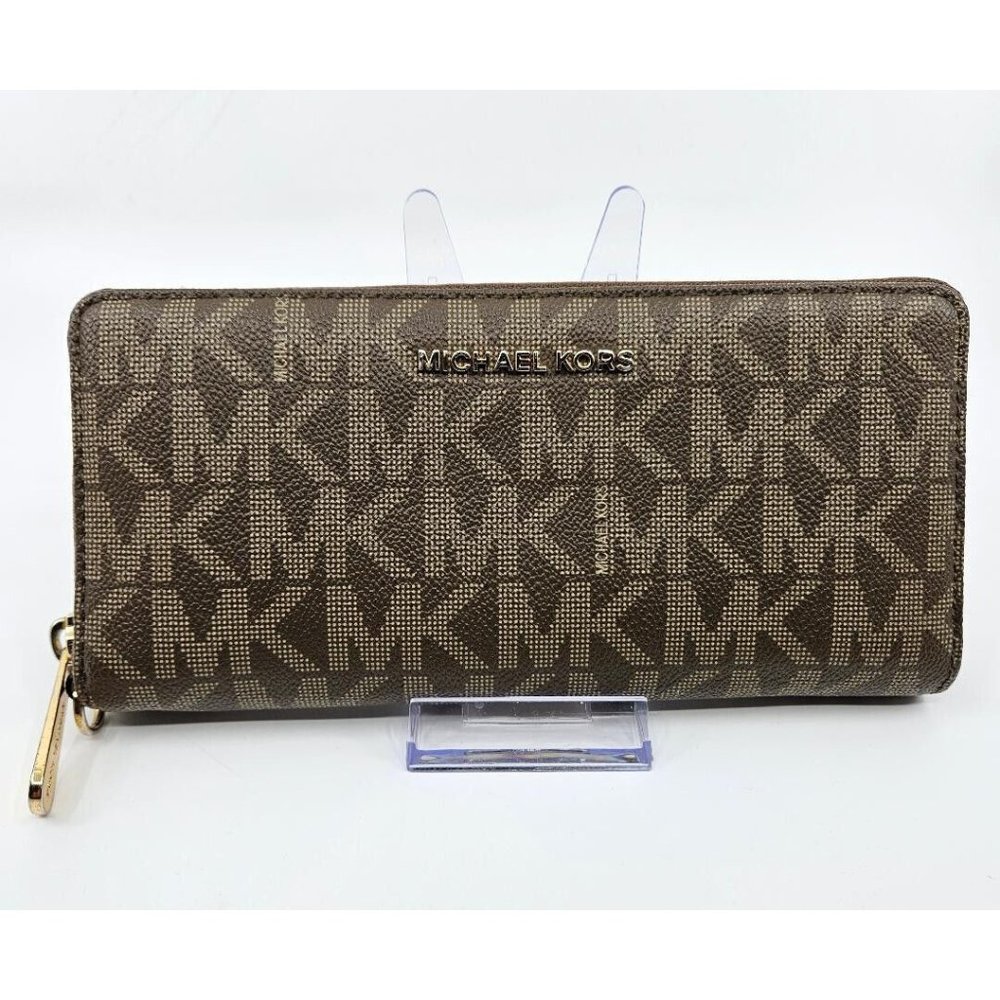 Michael Kors Brown Beige Gold Jet Set Monogram Zip Around Wallet